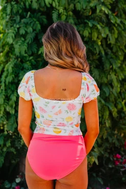 PUFF SLEEVE MIDKINI SWIM TOP IN CITRUS PRINT BY SASSY RED LIPSTICK X PINK DESERT