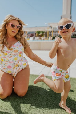 SWIM SARAH WRAP ONE PIECE IN CITRUS BY SASSY RED LIPSTICK X PINK DESERT