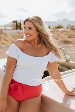 PUFF SLEEVE MIDKINI SWIM TOP IN RIBBED WHITE BY PINK DESERT