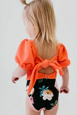 GIRLS PUFF SLEEVE SWIM TOP IN RIBBED PEACHBERRY BY PINK DESERT