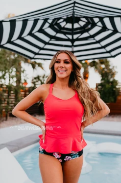 SWIM ELEVATED PEPLUM TANKINI IN BISOU RASPBERRY BY PINK DESERT