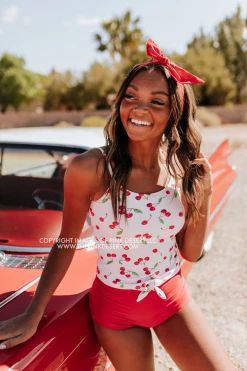 PINK DESERT TIE FRONT BLOUSON TANKINI SWIM TOP IN CHERRY BOMB