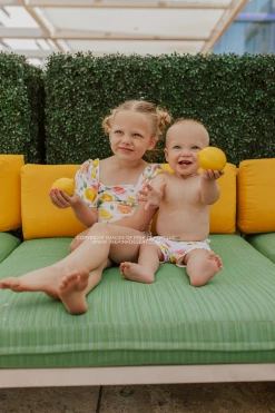 BOYS EUROPEAN CUT SWIM SHORT IN CITRUS PRINT BY SASSY RED LIPSTICK X PINK DESERT