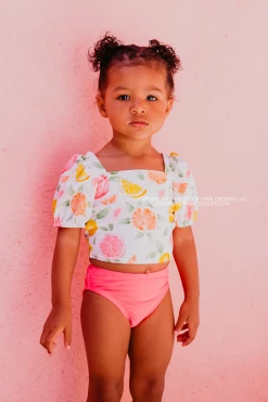 GIRLS PUFF SLEEVE SWIM TOP IN CITRUS PRINT BY SASSY RED LIPSTICK X PINK DESERT
