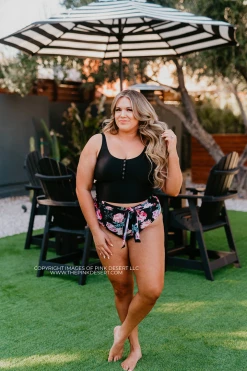 BUTTON FRONT MIDKINI SWIM TOP IN BLACK BY PINK DESERT