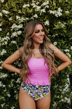 PINK DESERT MINI RUFFLE CROP PEPLUM SWIM TOP IN NEON LILAC