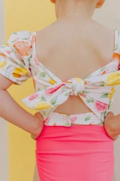 GIRLS PUFF SLEEVE SWIM TOP IN CITRUS PRINT BY SASSY RED LIPSTICK X PINK DESERT