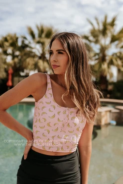 PINK DESERT BUTTON FRONT MIDKINI SWIM TOP IN BUBBLEGUM BANANA
