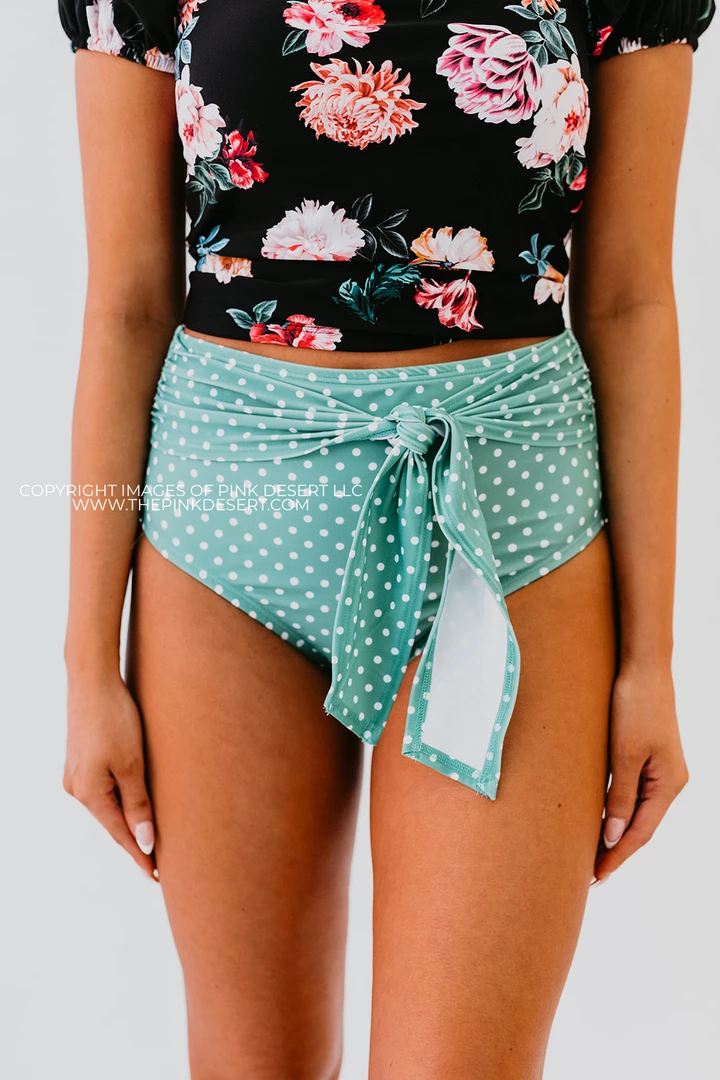 HIGH WAIST TIE FRONT SWIM BOTTOMS IN CIAO! POLKA DOT BY PINK DESERT 1 HIGH WAIST TIE FRONT SWIM BOTTOMS IN CIAO! POLKA DOT BY PINK DESERT