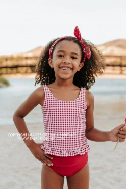 PINK DESERT GIRLS MINI RUFFLE PEPLUM SWIMSUIT SET IN SUMMER GINGHAM AND CHERRY RED