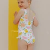 GIRLS MINI RUFFLE LEG SCOOP ONE PIECE SWIMSUIT IN CITRUS PRINT BY SASSY RED LIPSTICK X PINK DESERT