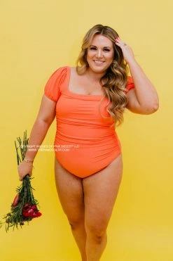 PUFF SLEEVE ONE PIECE IN RIBBED PEACHBERRY BY PINK DESERT
