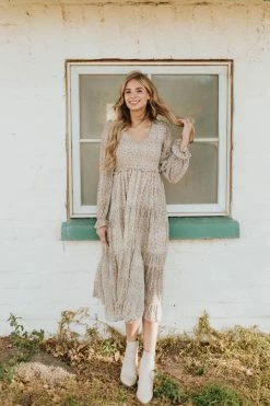 &merci THE PARIS SMOCKED MIDI DRESS IN IVORY PAISLEY DRESSES