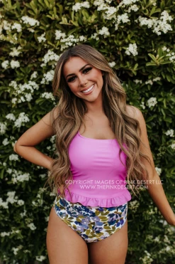 PINK DESERT MINI RUFFLE CROP PEPLUM SWIM TOP IN NEON LILAC