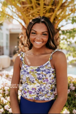 PINK DESERT SWEETY FLUTTER CROP SWIM TOP IN WILD LAVENDER