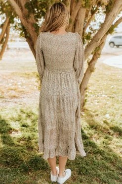 &merci THE PARIS SMOCKED MIDI DRESS IN IVORY PAISLEY DRESSES