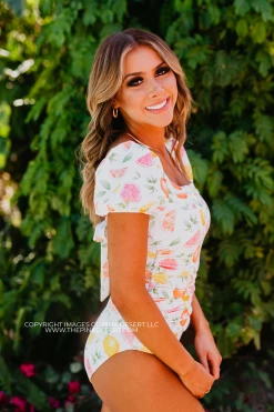 SWIM PUFF SLEEVE ONE PIECE IN CITRUS PRINT BY SASSY RED LIPSTICK X PINK DESERT 34 SWIM PUFF SLEEVE ONE PIECE IN CITRUS PRINT BY SASSY RED LIPSTICK X PINK DESERT