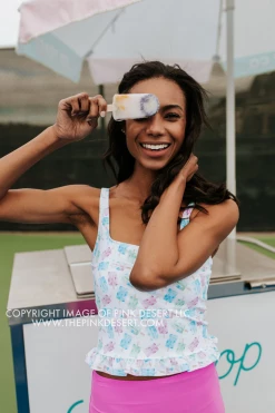 PINK DESERT MINI RUFFLE CROP PEPLUM SWIM TOP IN POPSICLE