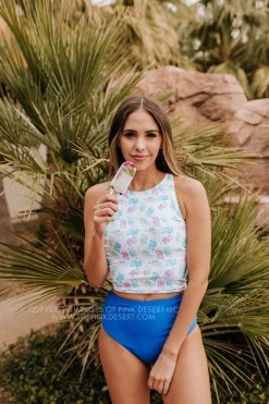 PINK DESERT HIGH NECK RACERBACK ZIPPER MIDKINI SWIM TOP IN POPSICLE