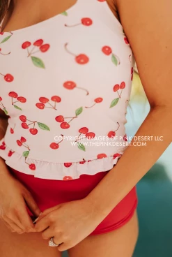 PINK DESERT MINI RUFFLE CROP PEPLUM SWIM TOP IN CHERRY BOMB