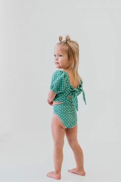 GIRLS PUFF SLEEVE SWIM TOP IN CIAO! POLKA DOT BY PINK DESERT