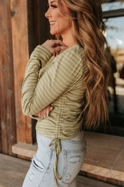 Paper Crane THE OLLY RIBBED STRIPED TOP IN OLIVE