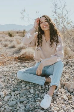 Le Lis TOPS THE BUTTERFLY V-NECK SWEATER IN TAUPE