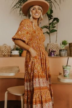 Easel THE SEDONA SMOCKED MIDI DRESS IN BURNT ORANGE