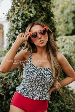 PINK DESERT MINI RUFFLE CROP PEPLUM SWIM TOP IN SNOW LEOPARD