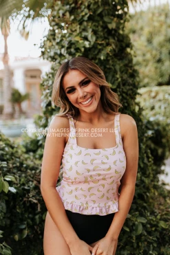 PINK DESERT MINI RUFFLE CROP PEPLUM SWIM TOP IN BUBBLEGUM BANANA