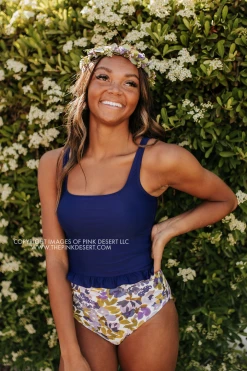 PINK DESERT MINI RUFFLE CROP PEPLUM SWIM TOP IN INDIGO