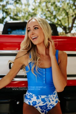 PINK DESERT BUTTON FRONT MIDKINI SWIM TOP IN ROYAL BLUE *RESTOCKED*