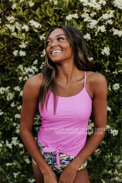 PINK DESERT TIE FRONT BLOUSON TANKINI SWIM TOP IN NEON LILAC