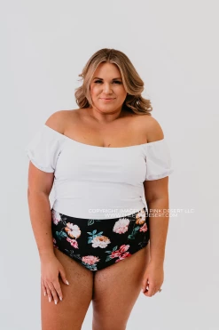 PUFF SLEEVE MIDKINI SWIM TOP IN RIBBED WHITE BY PINK DESERT