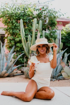 PUFF SLEEVE ONE PIECE IN RIBBED PINA COLADA BY SASSY RED LIPSTICK X PINK DESERT SWIM