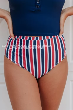 PINK DESERT VINTAGE HIGH WAIST SWIM BOTTOM IN AMERICANA STRIPE