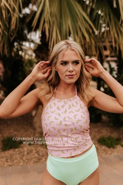 PINK DESERT HALTER MIDKINI SWIM TOP IN BUBBLEGUM BANANA