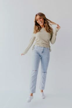 Paper Crane THE OLLY RIBBED STRIPED TOP IN OLIVE