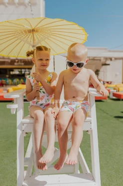 BOYS EUROPEAN CUT SWIM SHORT IN CITRUS PRINT BY SASSY RED LIPSTICK X PINK DESERT