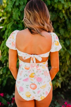 SWIM PUFF SLEEVE ONE PIECE IN CITRUS PRINT BY SASSY RED LIPSTICK X PINK DESERT 26 SWIM PUFF SLEEVE ONE PIECE IN CITRUS PRINT BY SASSY RED LIPSTICK X PINK DESERT