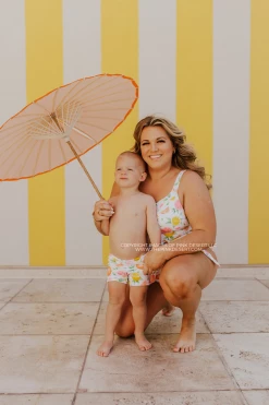 BOYS EUROPEAN CUT SWIM SHORT IN CITRUS PRINT BY SASSY RED LIPSTICK X PINK DESERT