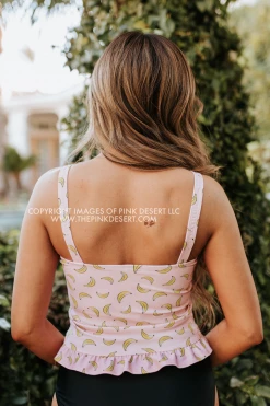 PINK DESERT MINI RUFFLE CROP PEPLUM SWIM TOP IN BUBBLEGUM BANANA