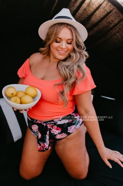 PUFF SLEEVE MIDKINI SWIM TOP IN RIBBED PEACHBERRY BY PINK DESERT