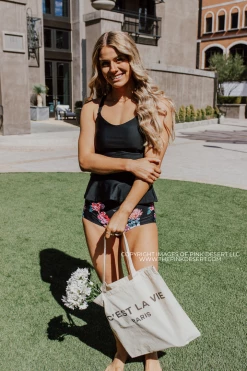 ELEVATED PEPLUM TANKINI IN BLACK BY PINK DESERT