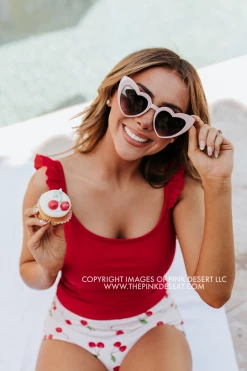 PINK DESERT SWEETY FLUTTER CROP SWIM TOP IN CHERRY RED