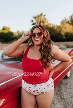 PINK DESERT MINI RUFFLE CROP PEPLUM SWIM TOP IN CHERRY RED