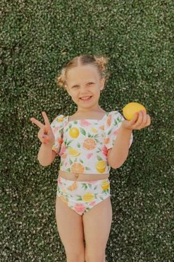 GIRLS PUFF SLEEVE SWIM TOP IN CITRUS PRINT BY SASSY RED LIPSTICK X PINK DESERT