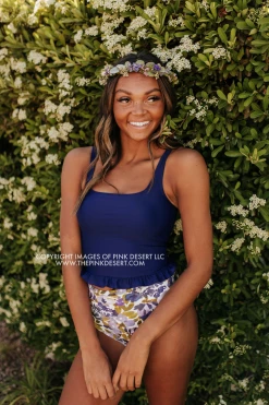 PINK DESERT MINI RUFFLE CROP PEPLUM SWIM TOP IN INDIGO