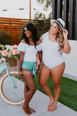 PUFF SLEEVE MIDKINI SWIM TOP IN RIBBED WHITE BY PINK DESERT