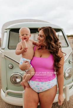 PINK DESERT MINI RUFFLE CROP PEPLUM SWIM TOP IN NEON LILAC